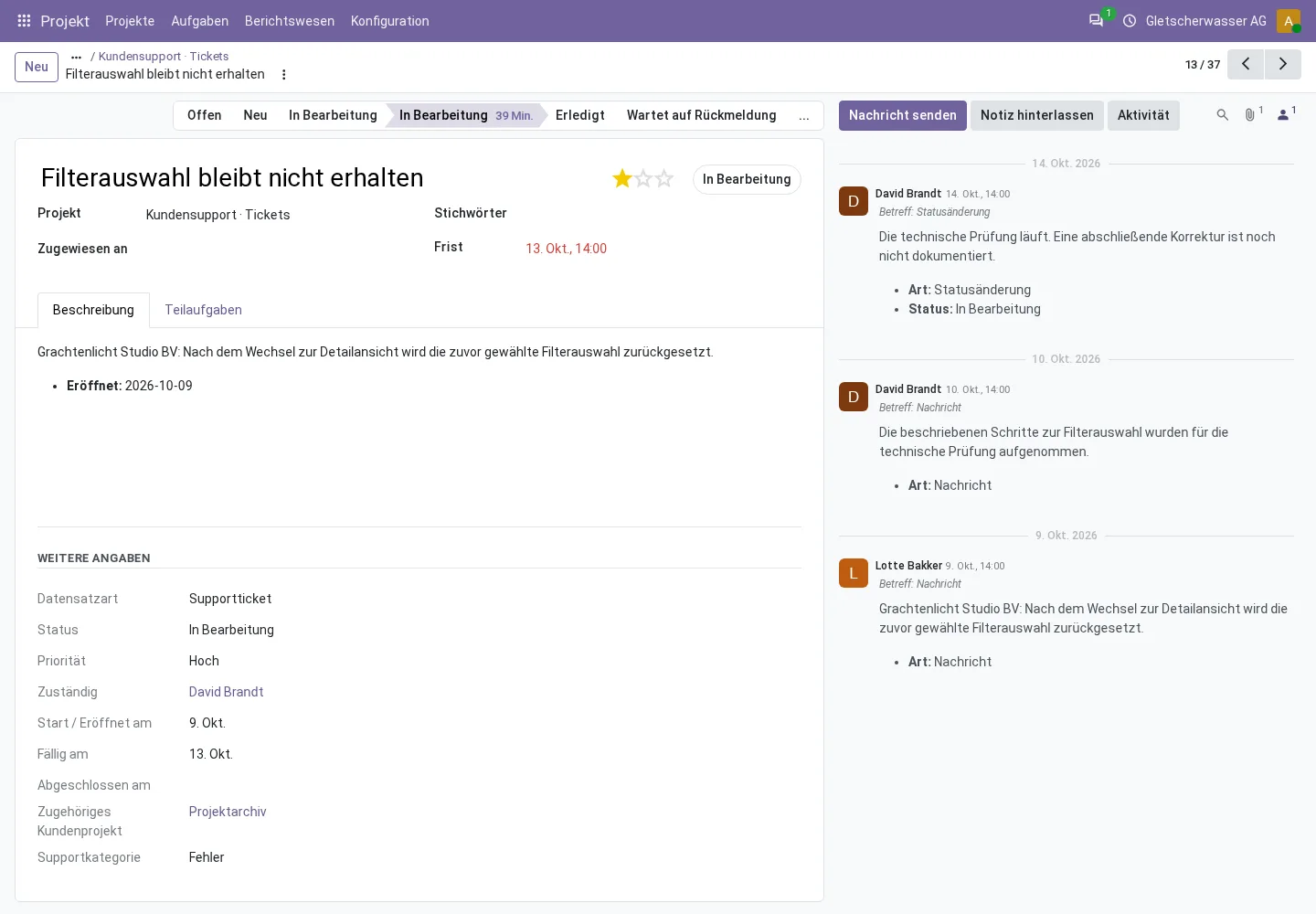 Odoo-Projektaufgabe als Supportanfrage mit Beschreibung und Nachrichtenverlauf