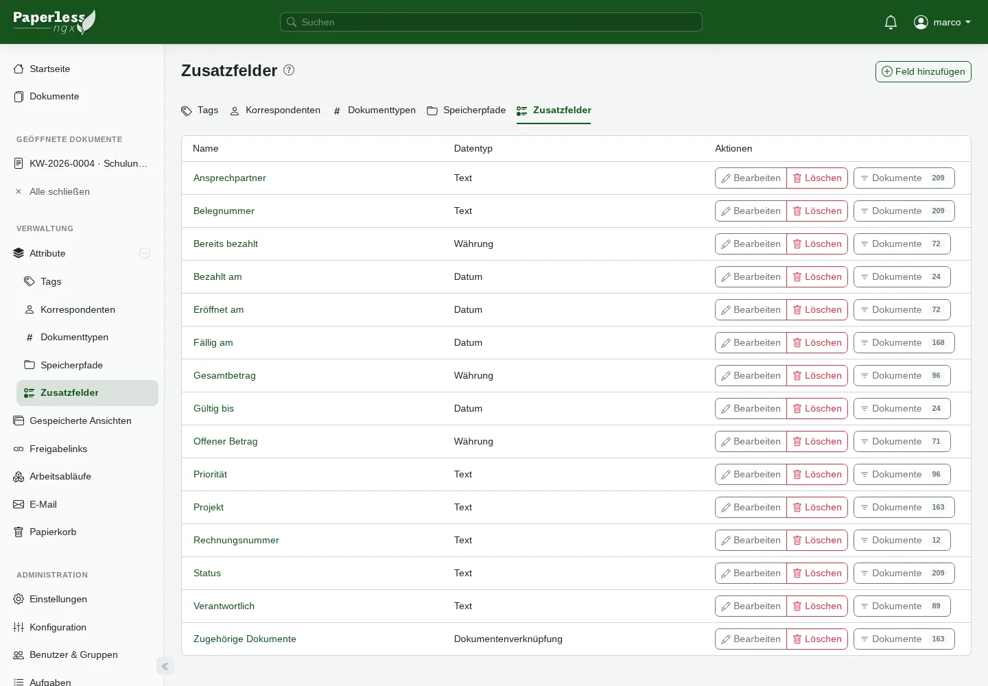 15 eingerichtete Zusatzfelder in Paperless-ngx mit den Datentypen Text, Währung, Datum und Dokumentenverknüpfung
